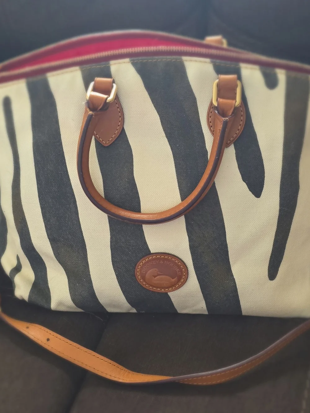Dooney & Bourke Black and White Zebra-Print Satchel with Brown Leather Trim